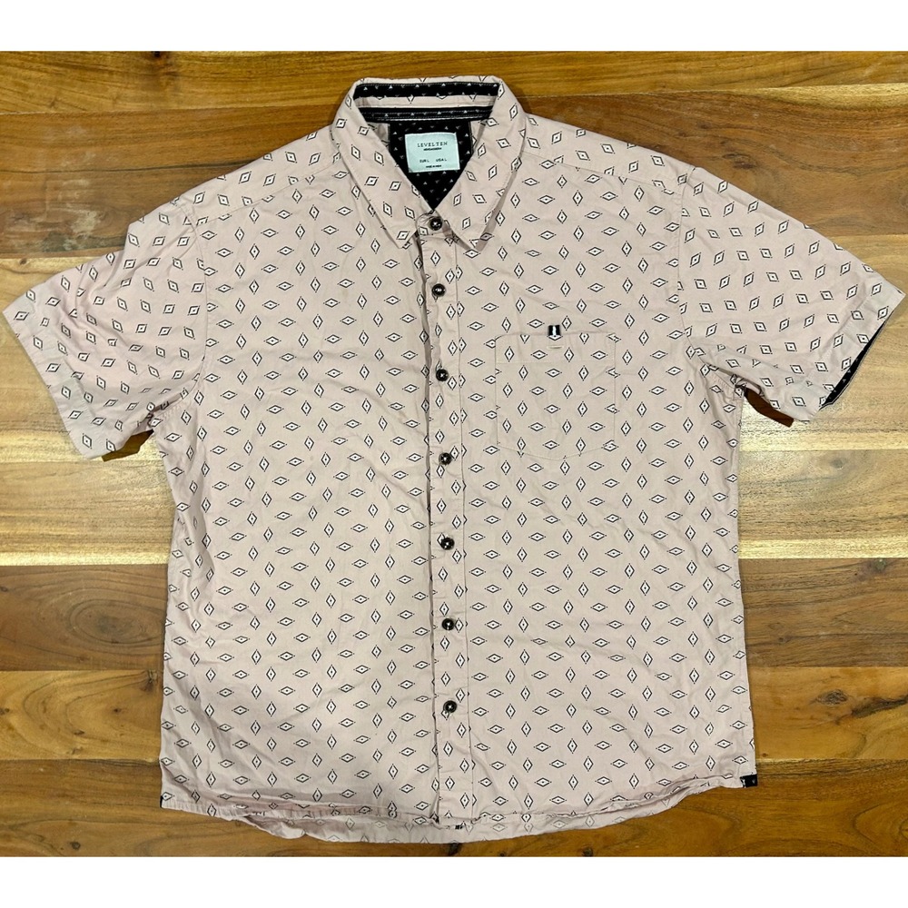 Level Ten Mens Modern Pink Geometric Diamond Print Short Sleeve Cotton Shirt L